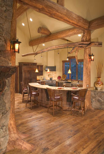 Unique character log over kitchen island