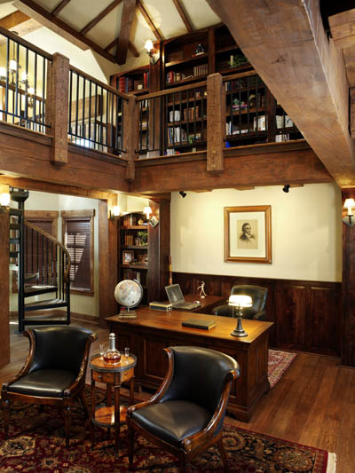 Timber frame home with loft library over an office