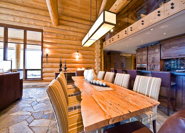 handcrafted log house dining room
